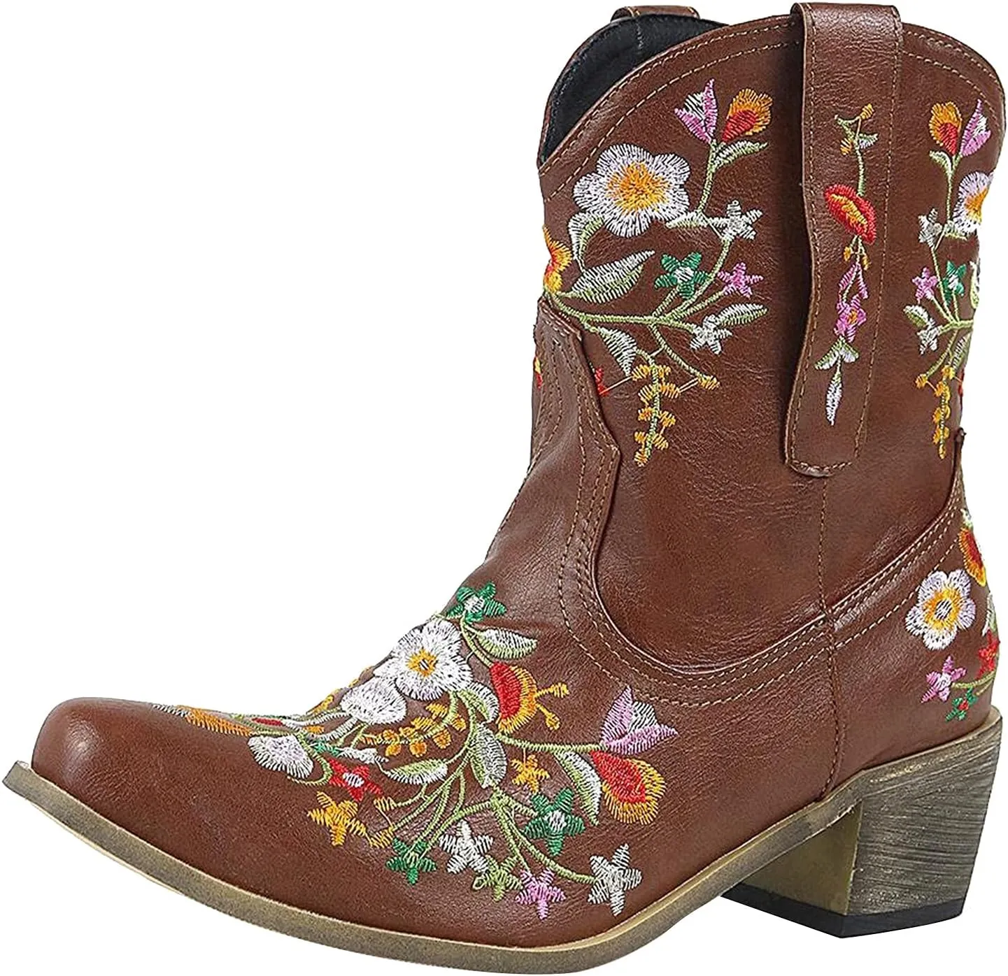 AMDBEL Wide Calf Boots for Women, Women's Boots Winter, Cowboy Boots for Women Mid Calf Cowgirl Western Boots Sunflower Embroidery Stitched Square Toe Low Heel Ankle Boots