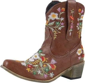 AMDBEL Wide Calf Boots for Women, Women's Boots Winter, Cowboy Boots for Women Mid Calf Cowgirl Western Boots Sunflower Embroidery Stitched Square Toe Low Heel Ankle Boots