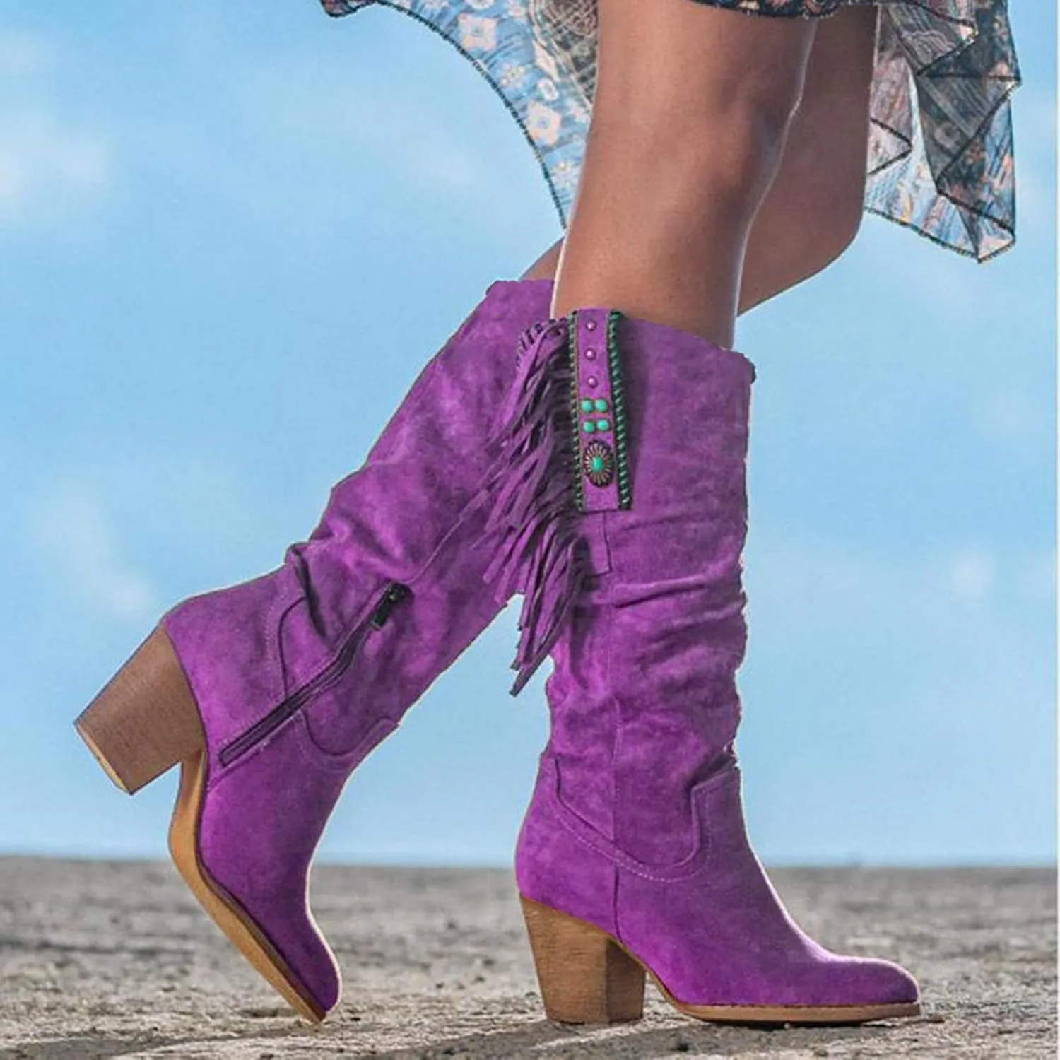 Ankle Boots For Women Casual Hot Pink Square Heel Thigh High Boots Tassel Knee High Boots Suede Tall Boots