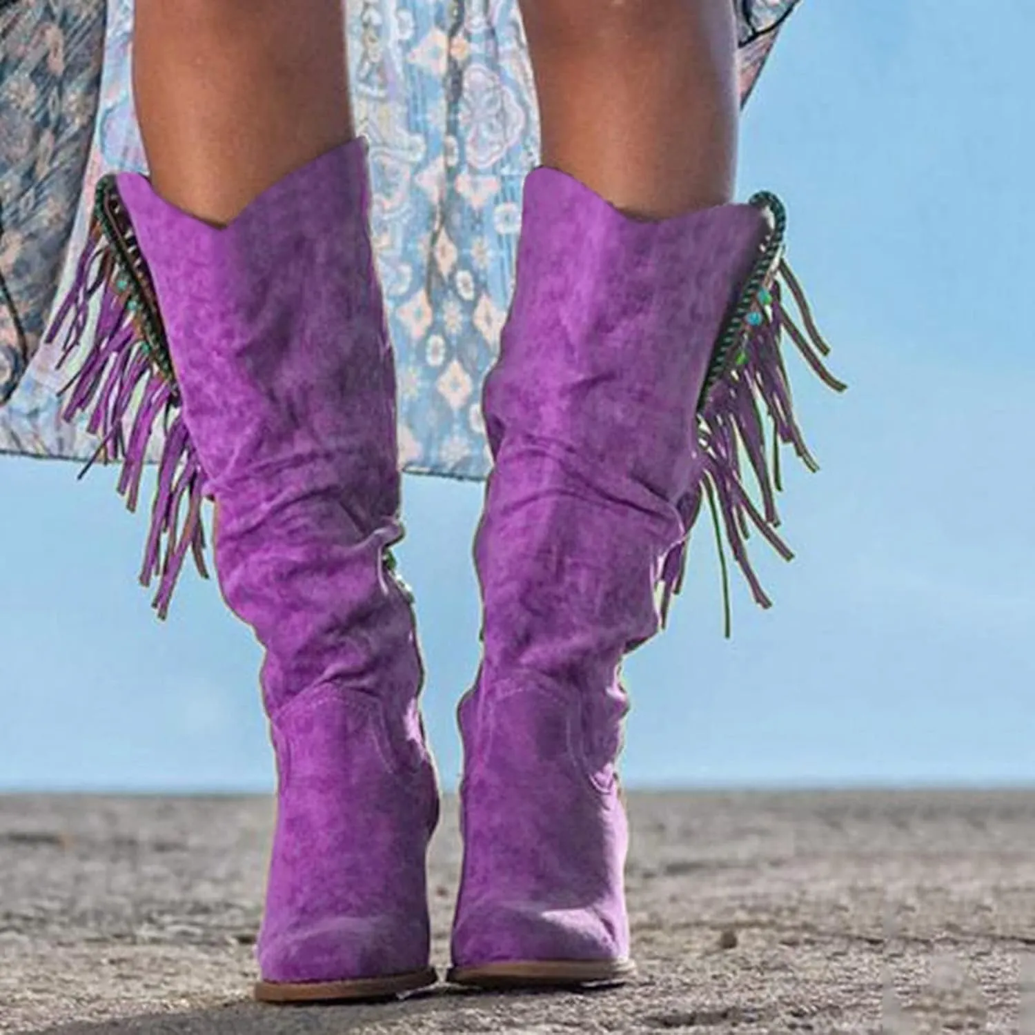 Ankle Boots For Women Casual Hot Pink Square Heel Thigh High Boots Tassel Knee High Boots Suede Tall Boots