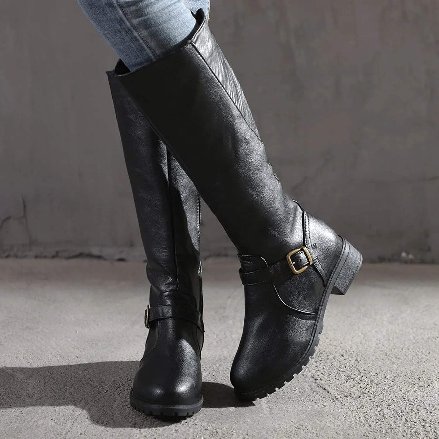 Ankle Boots for Women Comfy Knee High Boots for Women Vintage Round Toe Leather Zipper Square Heel Boots Women's