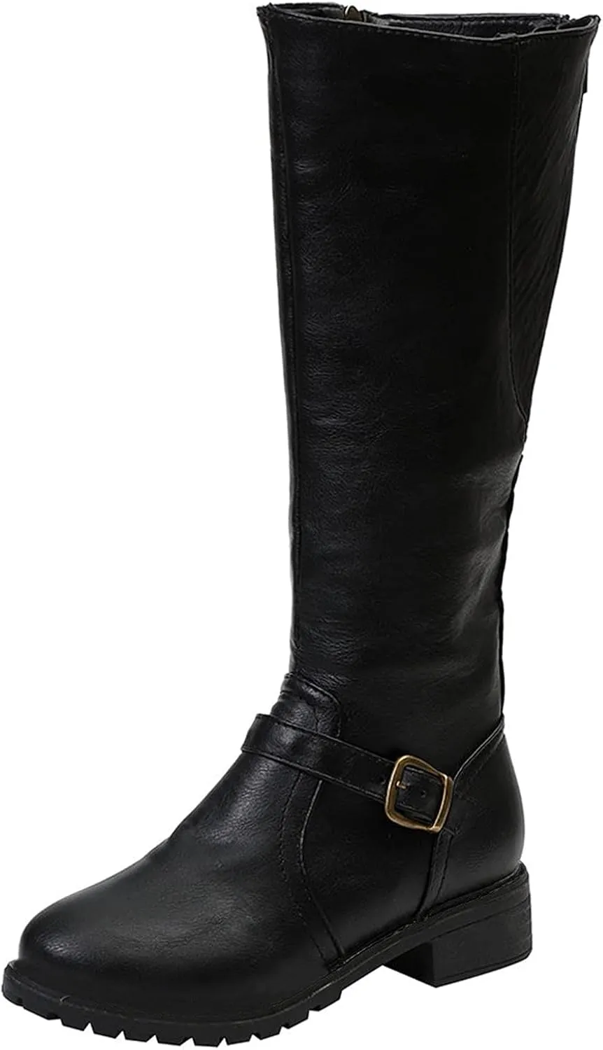 Ankle Boots for Women Comfy Knee High Boots for Women Vintage Round Toe Leather Zipper Square Heel Boots Women's