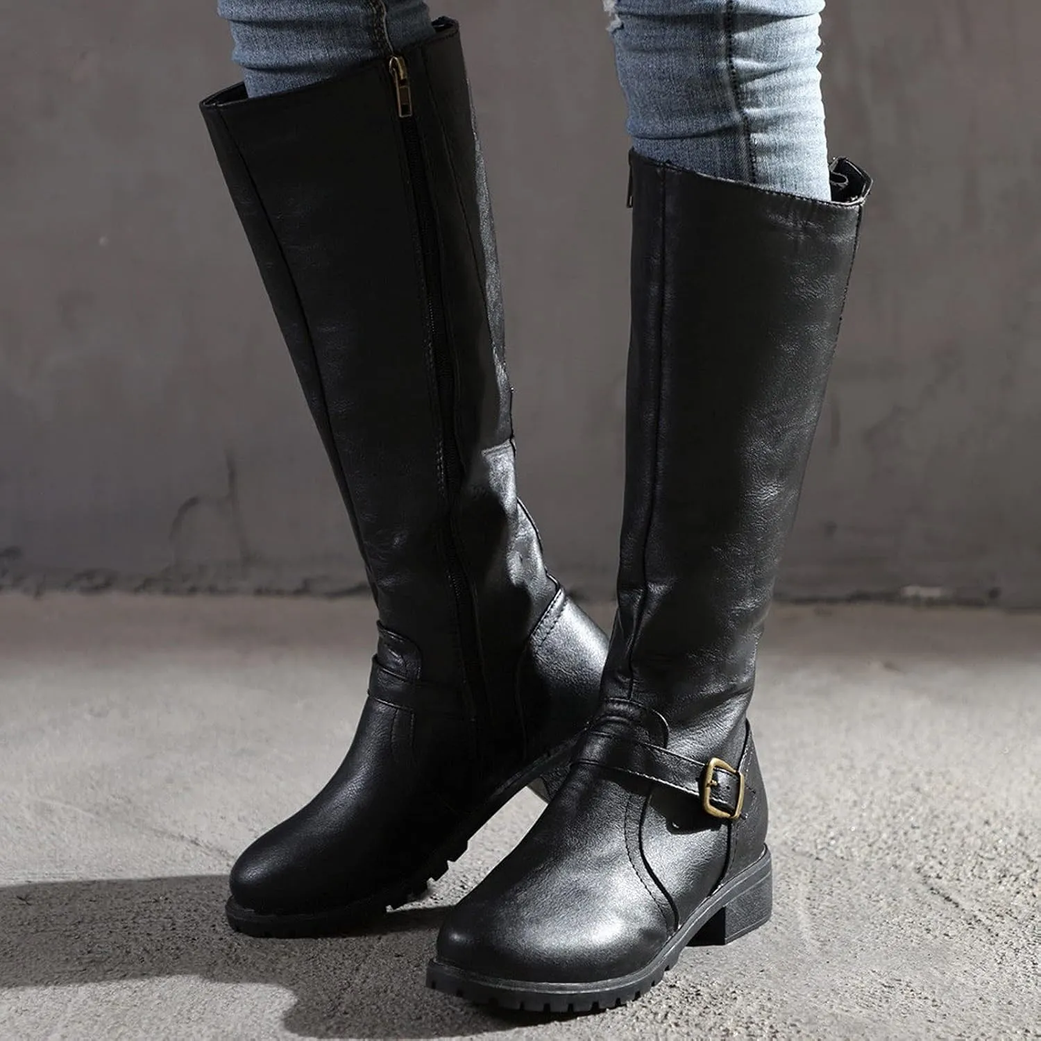 Ankle Boots for Women Comfy Knee High Boots for Women Vintage Round Toe Leather Zipper Square Heel Boots Women's