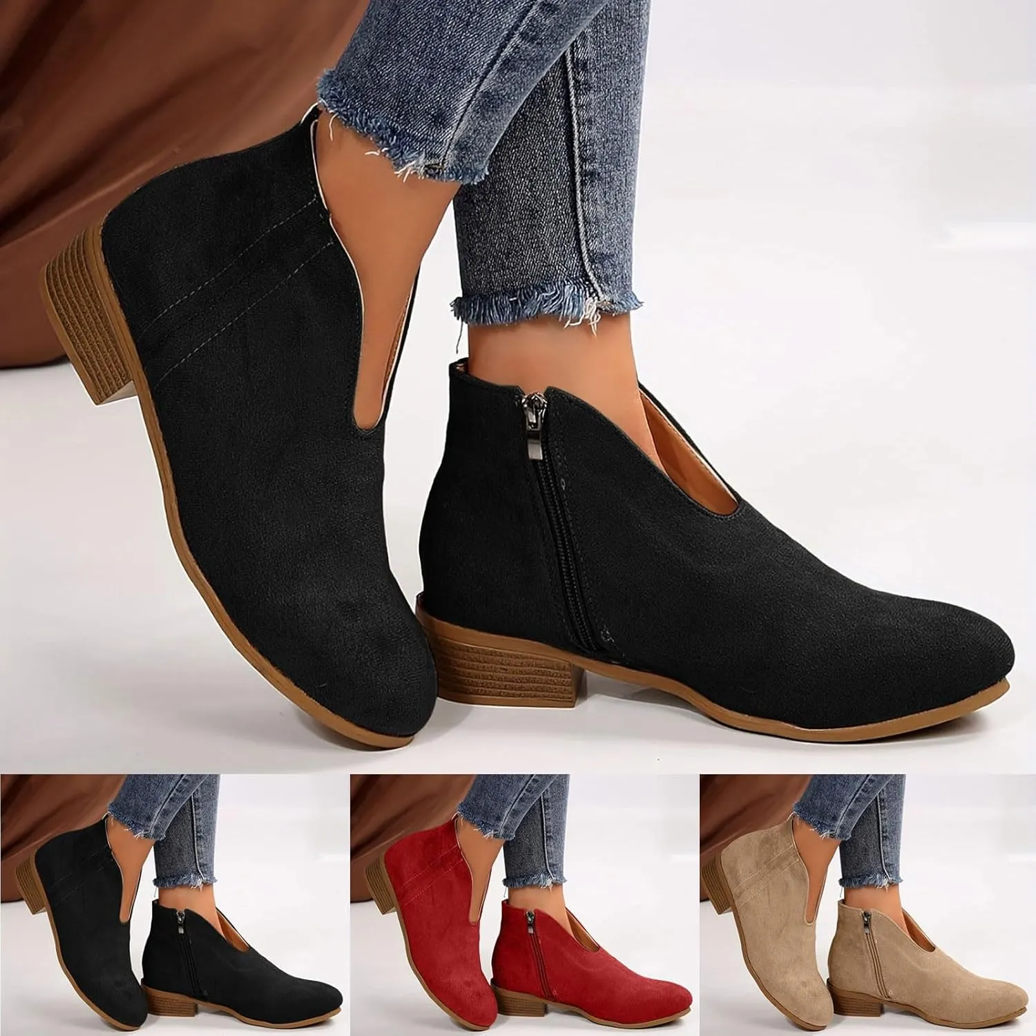 Ankle Boots for Women Low Heel Fall Boots Womens Boots Chunky Heel Round Head Short Boots V Mouth Flat Suede Boots