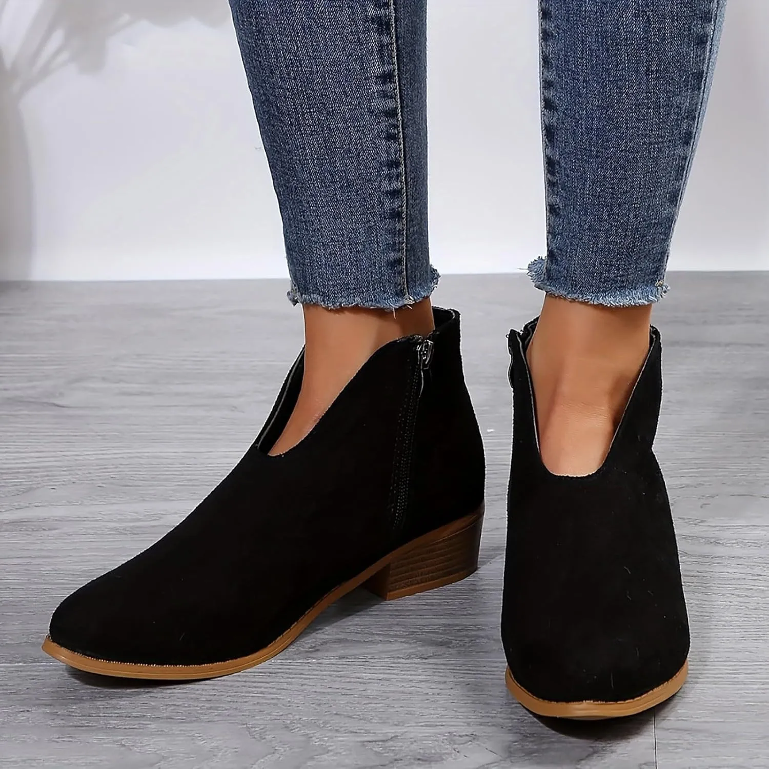 Ankle Boots for Women Low Heel Fall Boots Womens Boots Chunky Heel Round Head Short Boots V Mouth Flat Suede Boots