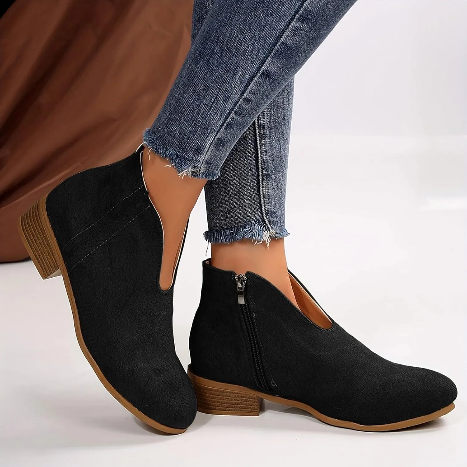 Ankle Boots for Women Low Heel Fall Boots Womens Boots Chunky Heel Round Head Short Boots V Mouth Flat Suede Boots