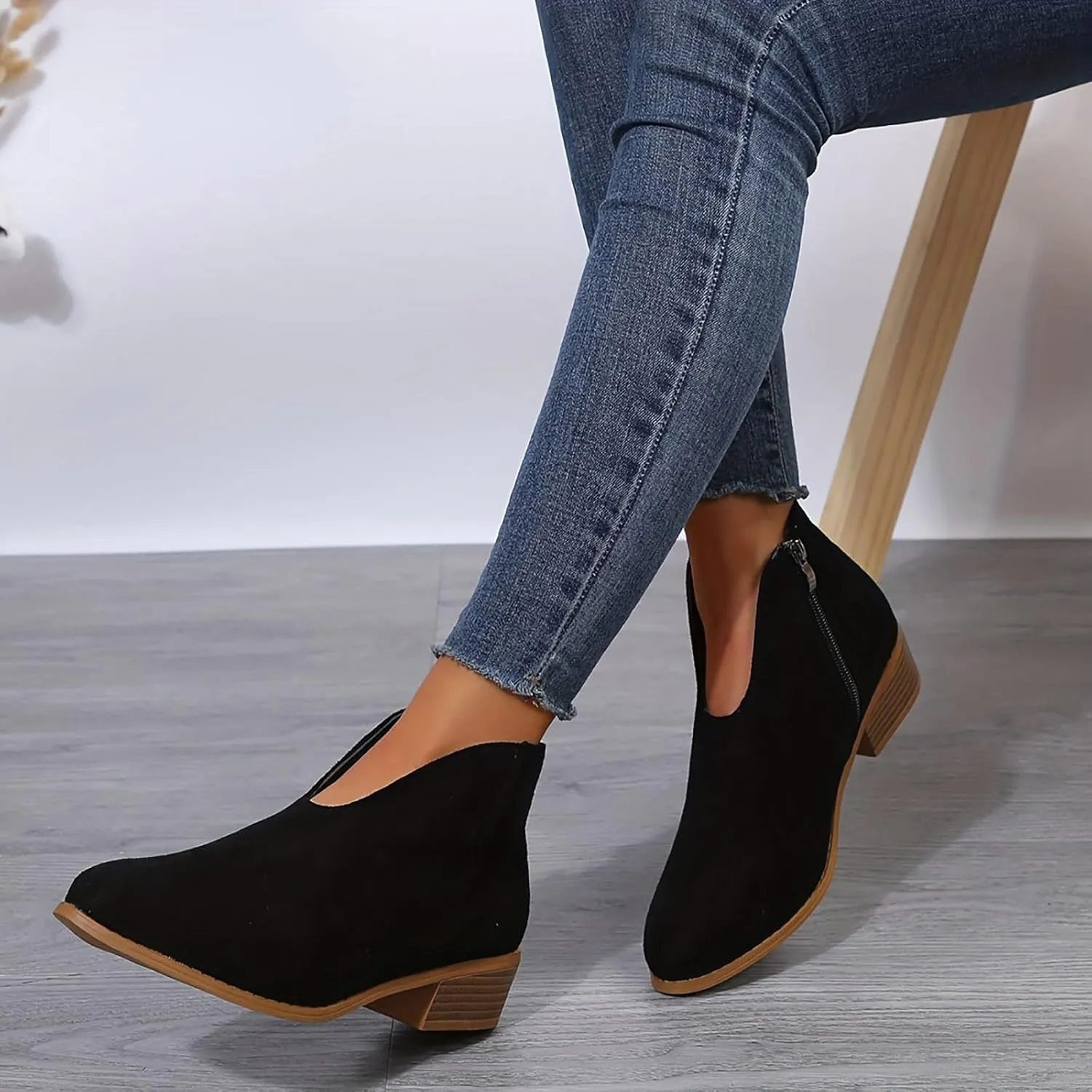 Ankle Boots for Women Low Heel Fall Boots Womens Boots Chunky Heel Round Head Short Boots V Mouth Flat Suede Boots