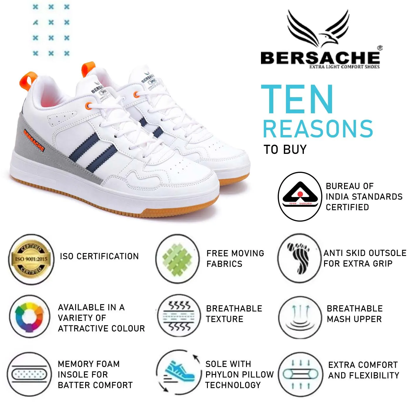 Bersache Lightweight Casual Sneaker Shoes For Men White-9057