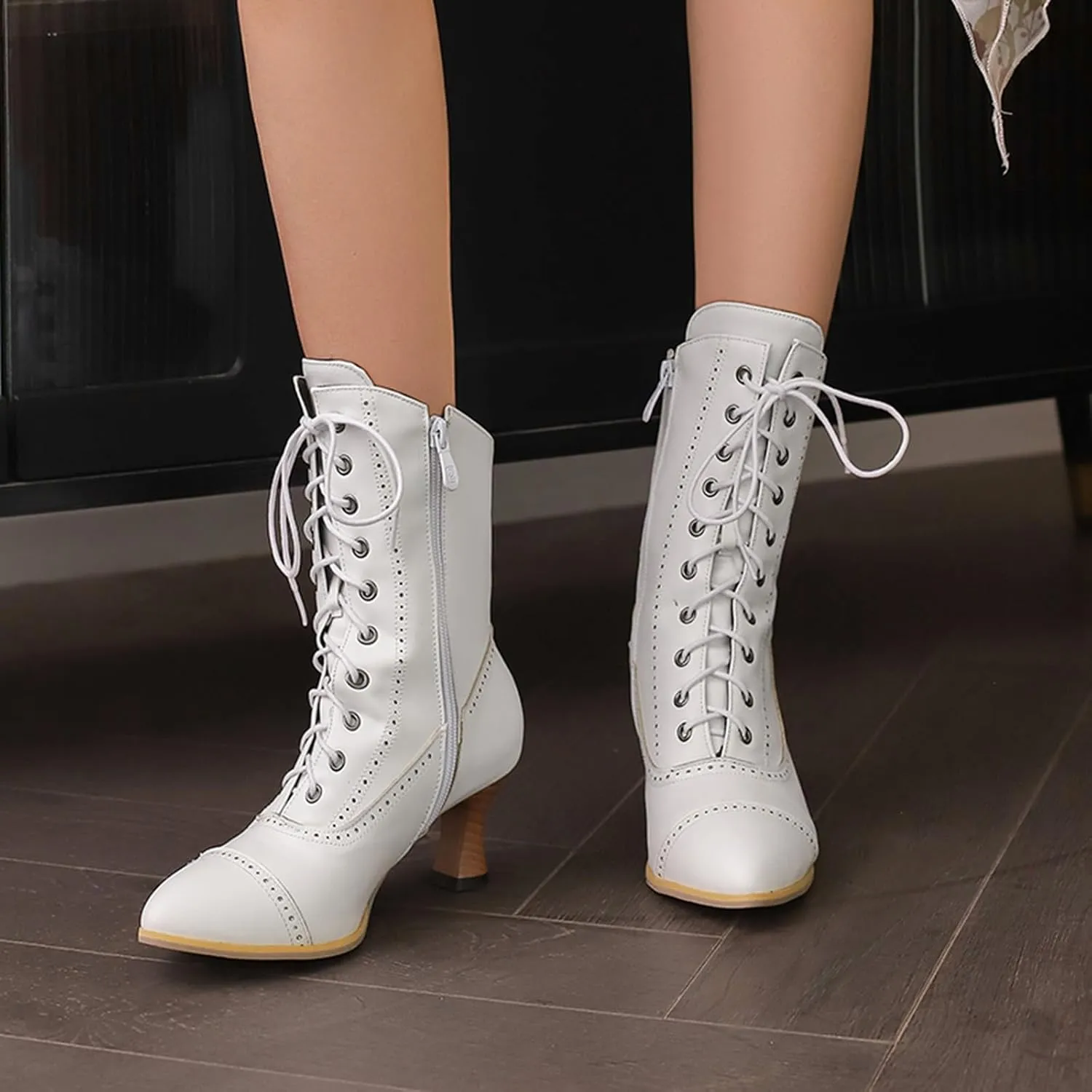 Cathalem Western Cowboy Boots for Women, Kitten Heel Victorian Mid Calf Boot Lace Up Ankle Booties Comfy Walking Dressy Shoes