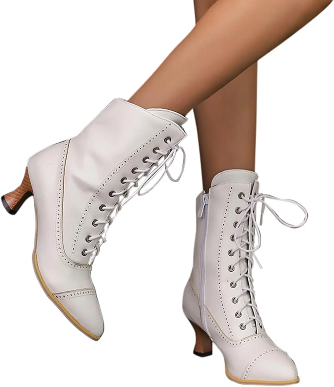 Cathalem Western Cowboy Boots for Women, Kitten Heel Victorian Mid Calf Boot Lace Up Ankle Booties Comfy Walking Dressy Shoes