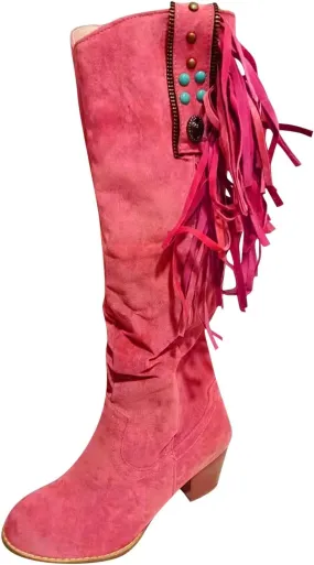 Combat Boots Womens Casual Hot Pink Square Heel Thigh High Boots Tassel Knee High Boots Suede Tall Boots