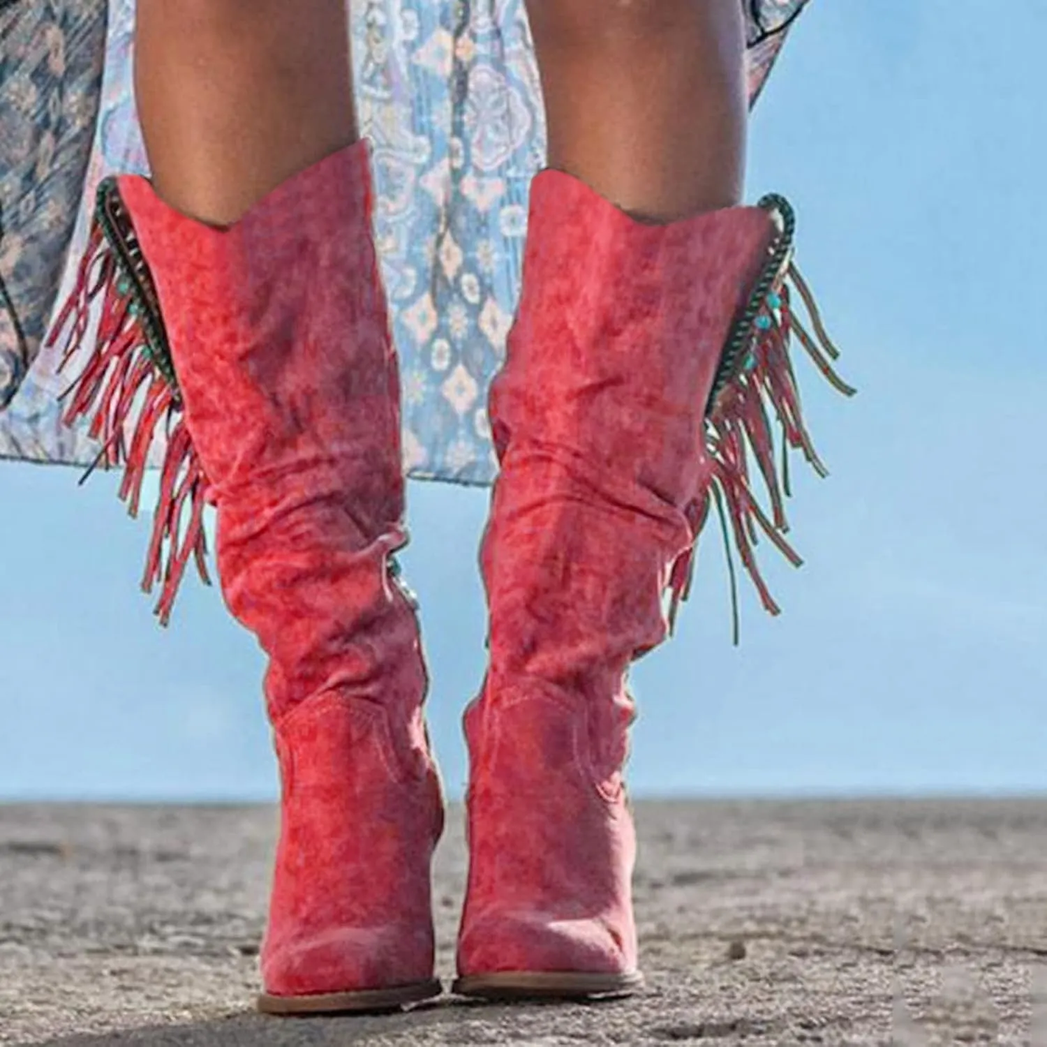 Combat Boots Womens Casual Hot Pink Square Heel Thigh High Boots Tassel Knee High Boots Suede Tall Boots