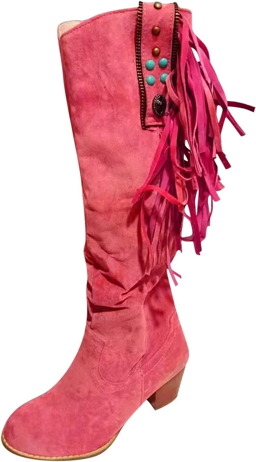 Combat Boots Womens Casual Hot Pink Square Heel Thigh High Boots Tassel Knee High Boots Suede Tall Boots