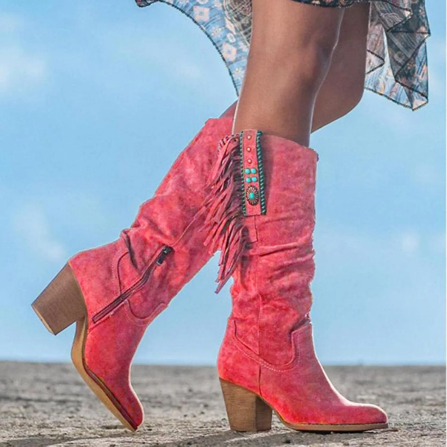 Combat Boots Womens Casual Hot Pink Square Heel Thigh High Boots Tassel Knee High Boots Suede Tall Boots