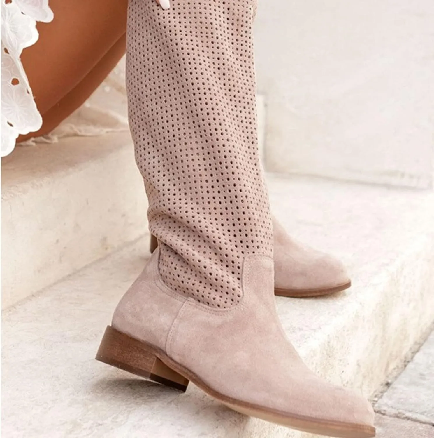 Combat Boots Womens Hollow Out Suede Flats Thigh High Boots Pull On Knee High Boots Mid Calf Fall Boots