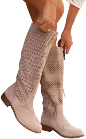 Combat Boots Womens Hollow Out Suede Flats Thigh High Boots Pull On Knee High Boots Mid Calf Fall Boots
