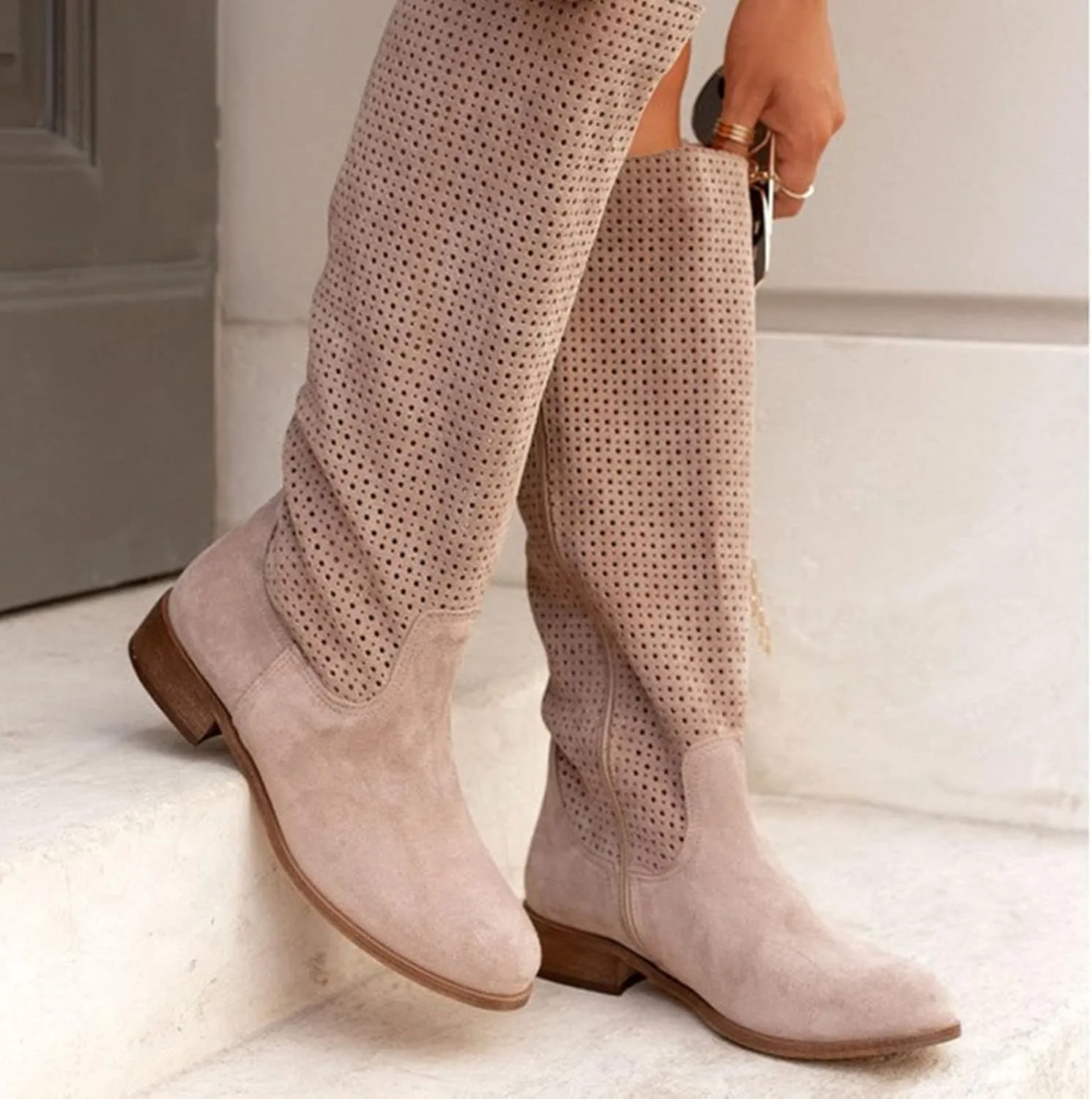 Combat Boots Womens Hollow Out Suede Flats Thigh High Boots Pull On Knee High Boots Mid Calf Fall Boots