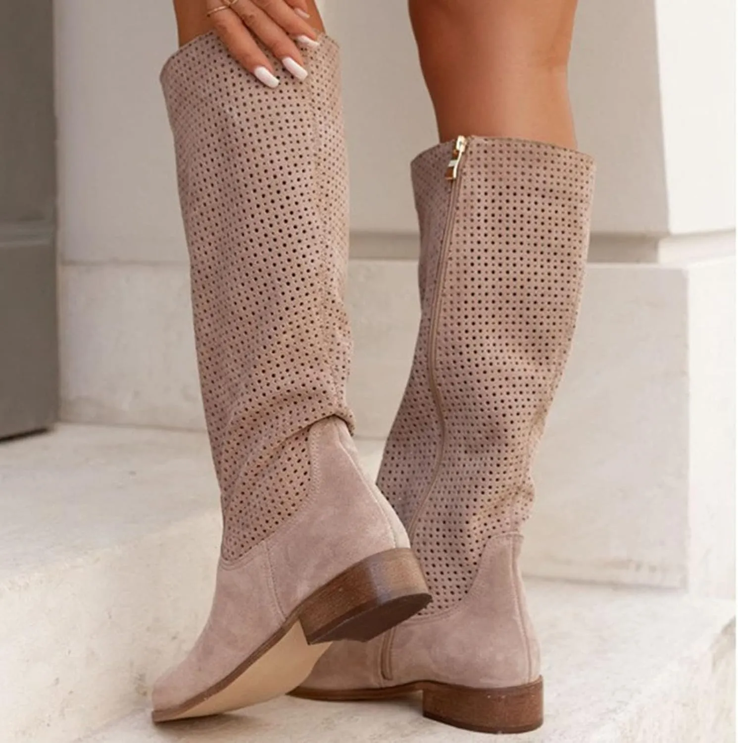 Combat Boots Womens Hollow Out Suede Flats Thigh High Boots Pull On Knee High Boots Mid Calf Fall Boots