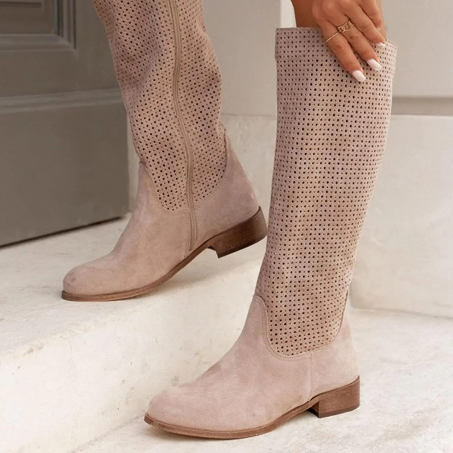 Combat Boots Womens Hollow Out Suede Flats Thigh High Boots Pull On Knee High Boots Mid Calf Fall Boots