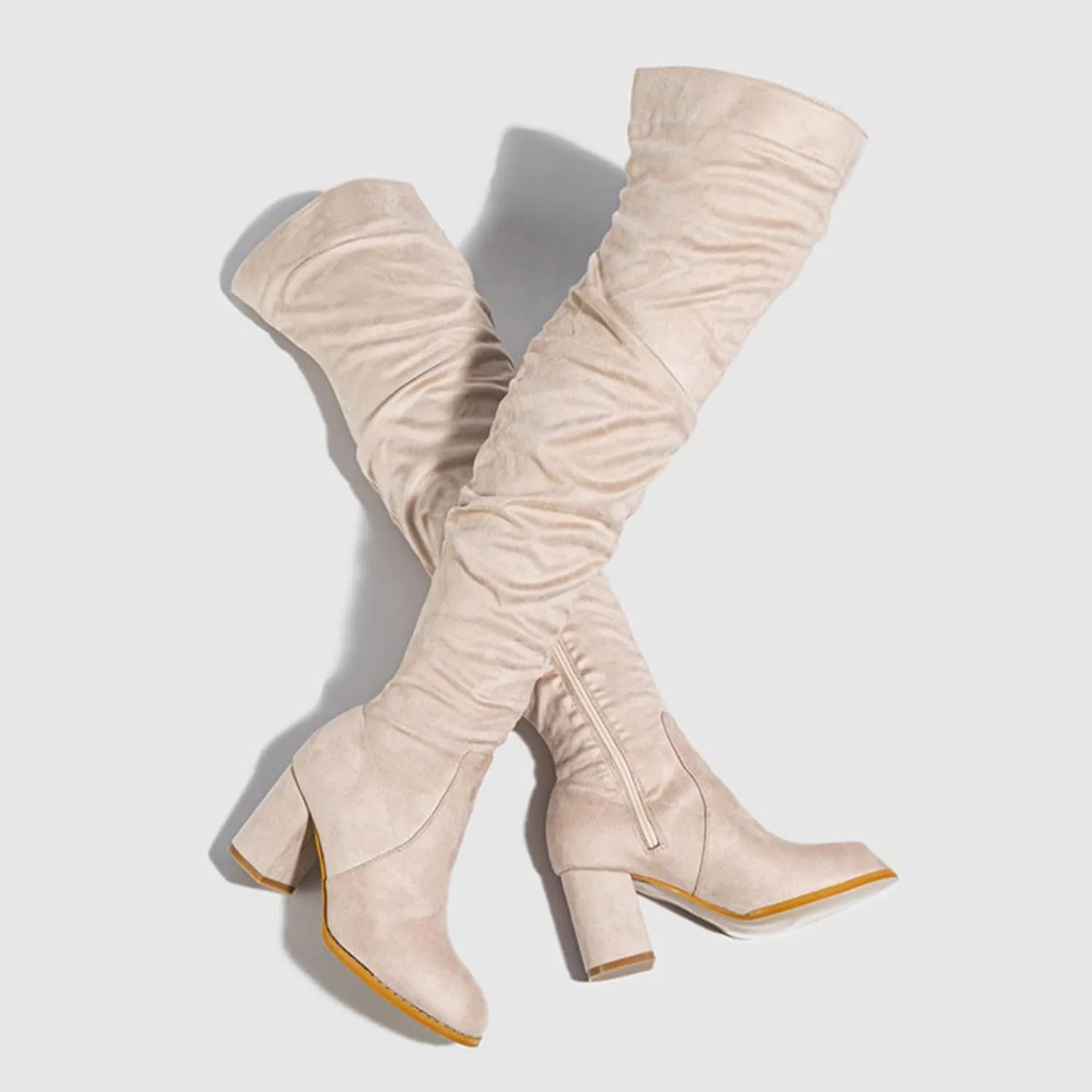 Combat Boots Womens Square Heel Over Knee Boots Suede Zipper Thigh High Boots Chunky Heeled Tall Long Boots