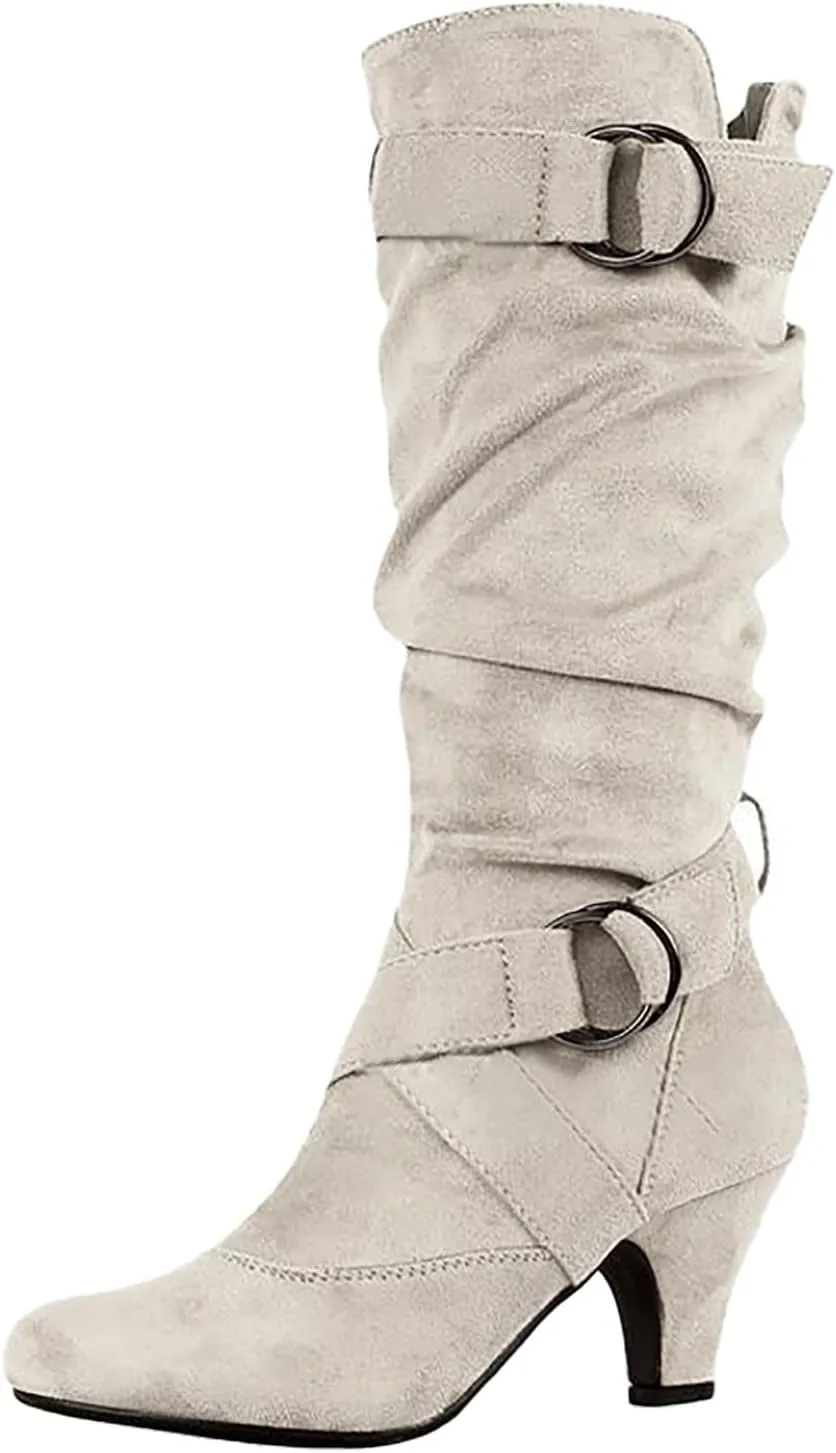 Cowboy Boots For Women Suede Cross Belt Thigh High Boots Low Heeled Pull On Knee High Boots Mid Calf Bootie