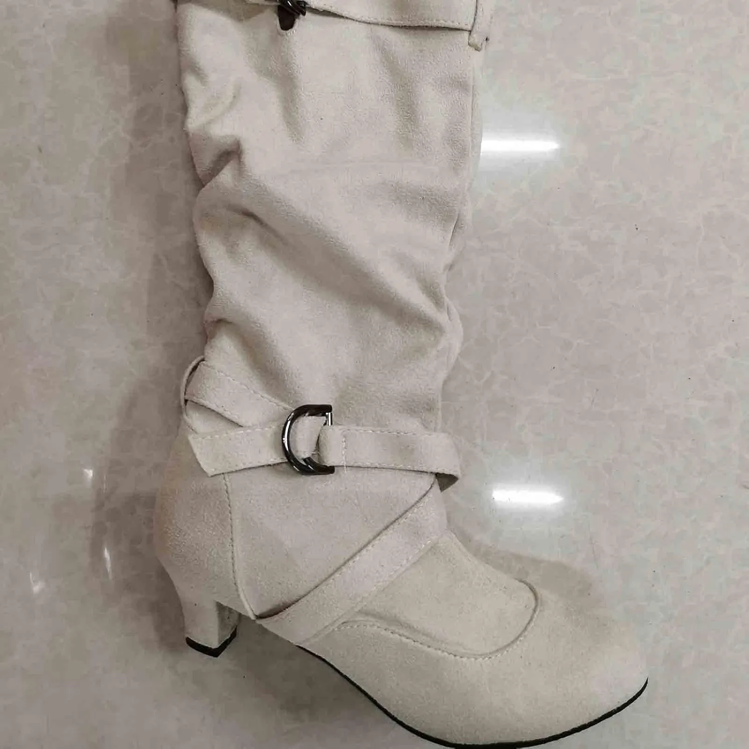 Cowboy Boots For Women Suede Cross Belt Thigh High Boots Low Heeled Pull On Knee High Boots Mid Calf Bootie