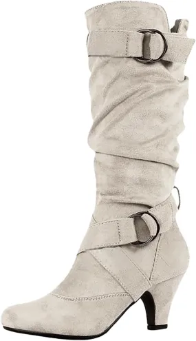 Cowboy Boots For Women Suede Cross Belt Thigh High Boots Low Heeled Pull On Knee High Boots Mid Calf Bootie