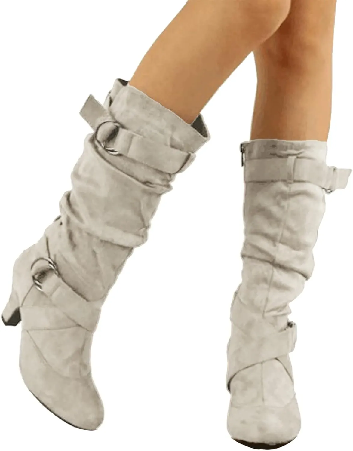 Cowboy Boots For Women Suede Cross Belt Thigh High Boots Low Heeled Pull On Knee High Boots Mid Calf Bootie