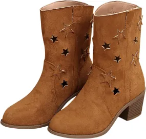 Cowboy Boots for Womens Vintage Chunky Heel Pointed Toe Hollow Breathable Ankle Booties, Wide Calf Boots for Women