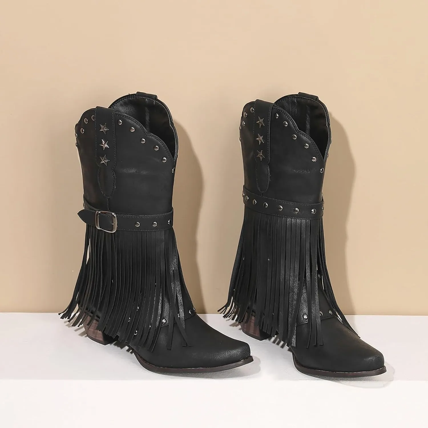 Cowboy Boots Short Boots Cowgirl Boots Low Heel Boots Western Pointed Toe Low Chunky Heel Tassel Booties Ladies Shoes