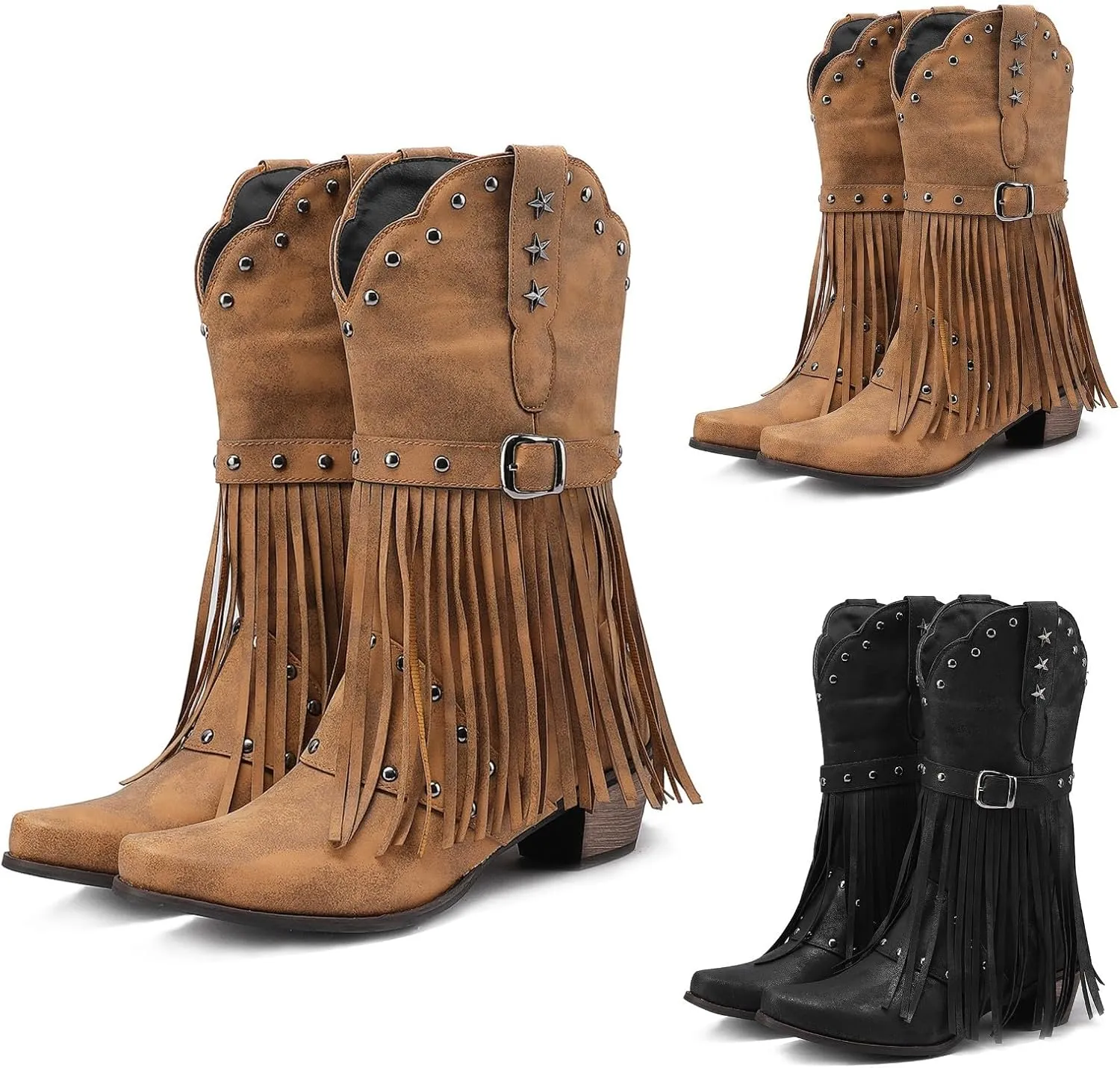 Cowboy Boots Short Boots Cowgirl Boots Low Heel Boots Western Pointed Toe Low Chunky Heel Tassel Booties Ladies Shoes