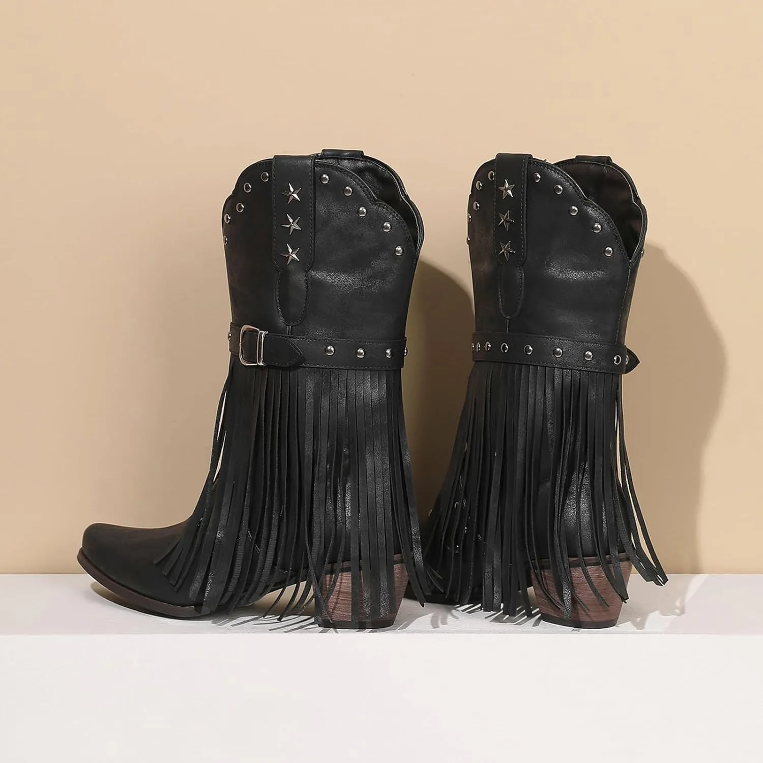 Cowboy Boots Short Boots Cowgirl Boots Low Heel Boots Western Pointed Toe Low Chunky Heel Tassel Booties Ladies Shoes
