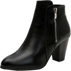 Ctreela Womens Vintage Stacked Heeled Western Boot Ladies Winter Wild Zipper Booties Fashion Office Party Pointed Toe Boots