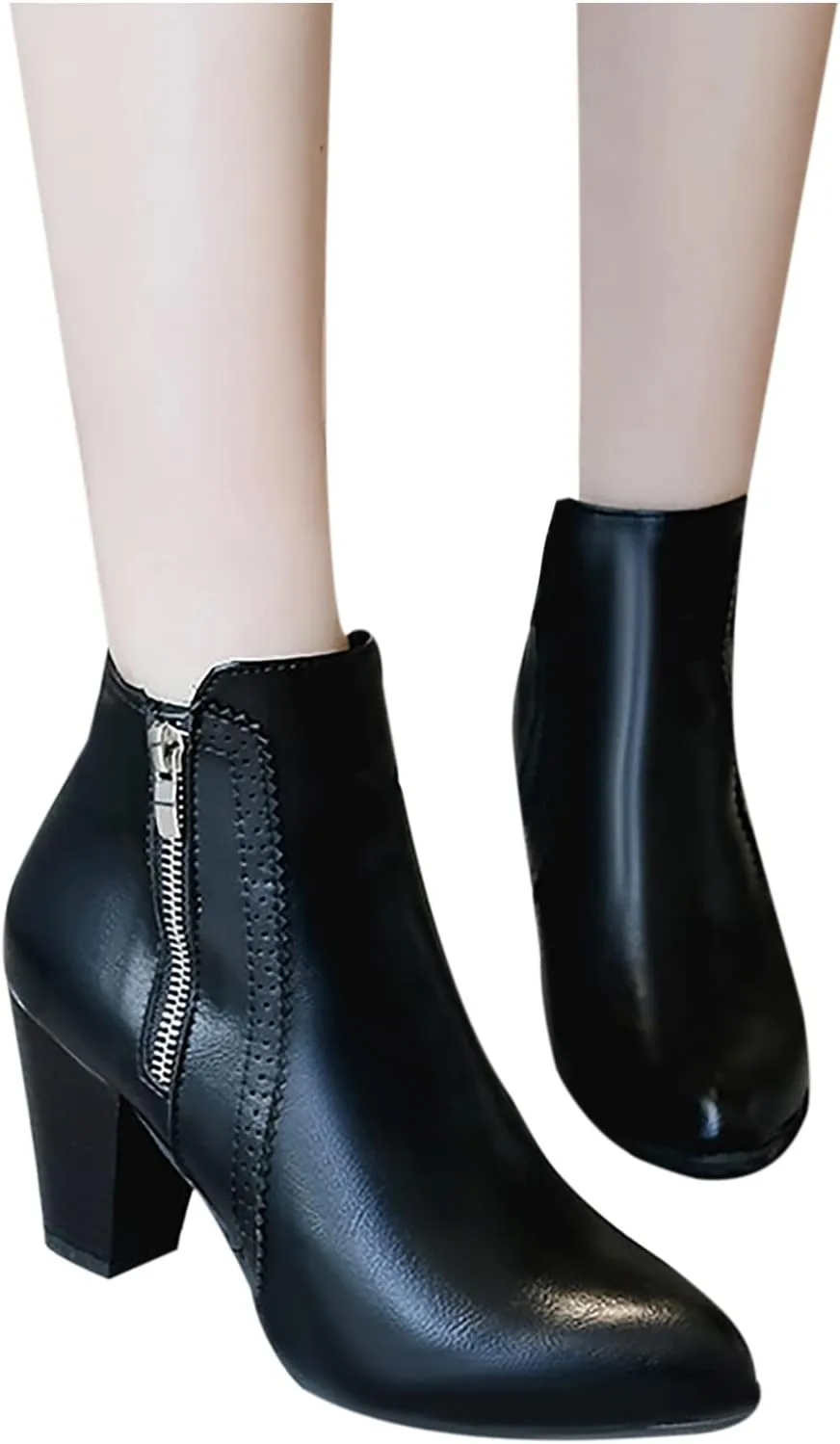 Ctreela Womens Vintage Stacked Heeled Western Boot Ladies Winter Wild Zipper Booties Fashion Office Party Pointed Toe Boots