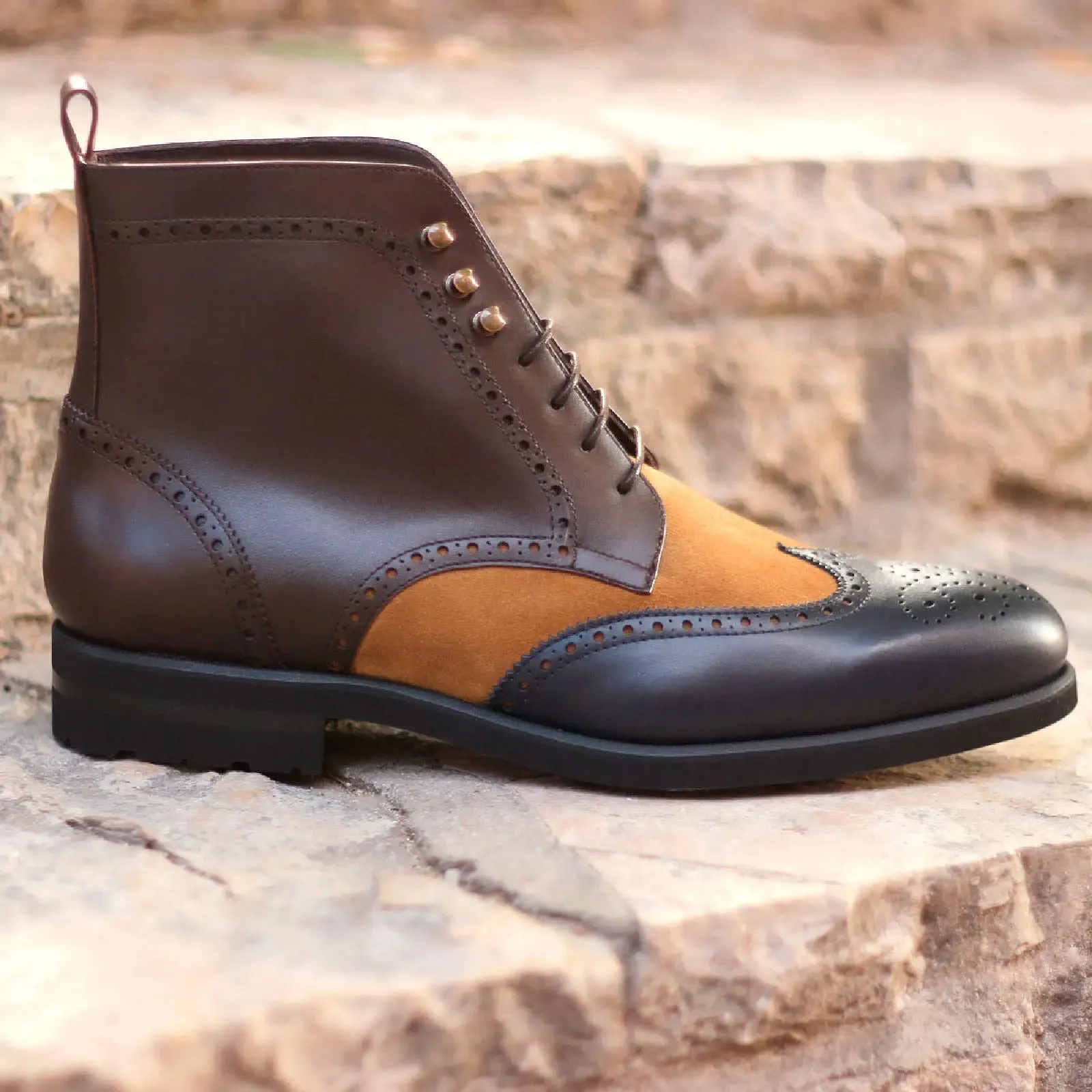 DapperFam Valiant in Black / Dark Brown / Camel Men's Italian Leather & Lux Suede Military Brogue