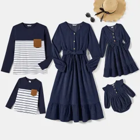 Family Matching Cotton Ribbed Long-sleeve Colorblock Dresses and Striped Tops Sets