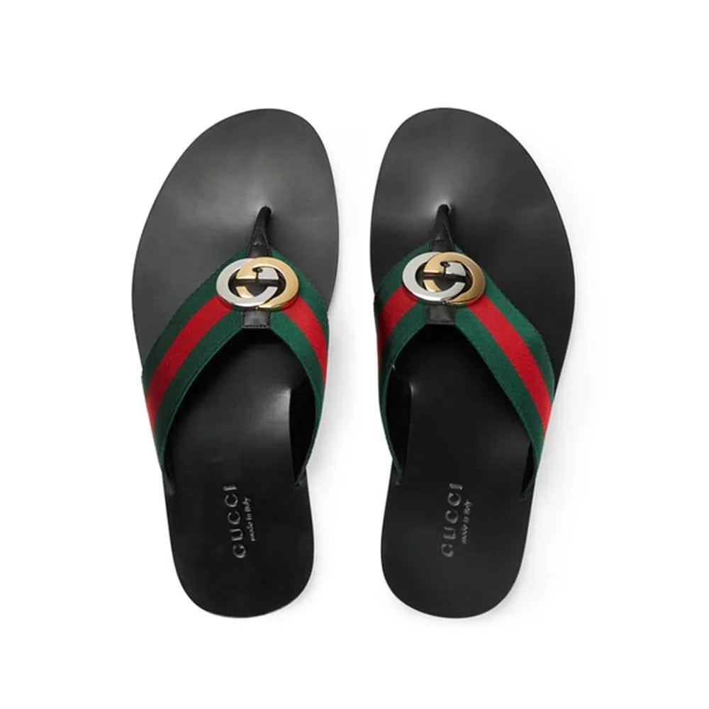 Gucci Men's Shoes Black, Red & Green Calf-Skin leather / Fabric Sandals (GGM1722)