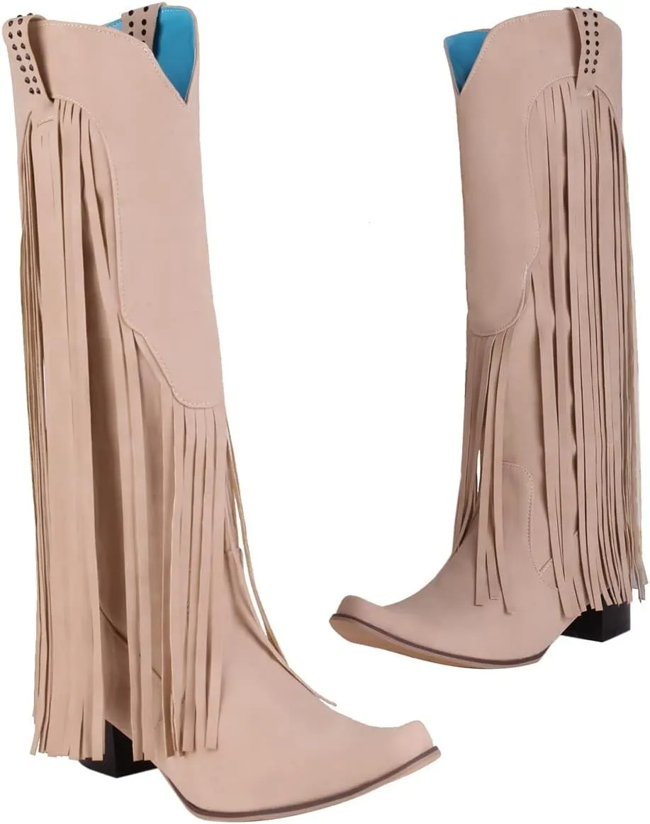 Hiking Boots Women Tassel Western Chunky Heel Cowgirl Boots Retro Pull On Suede Knee High Cowboy Boots