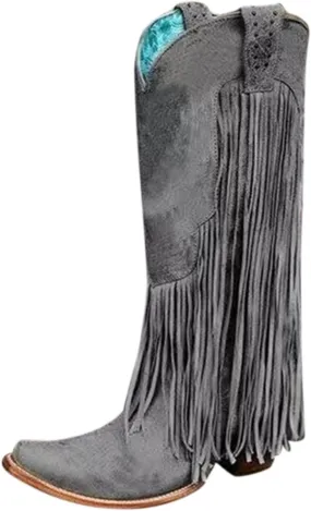 Hiking Boots Women Tassel Western Chunky Heel Cowgirl Boots Retro Pull On Suede Knee High Cowboy Boots