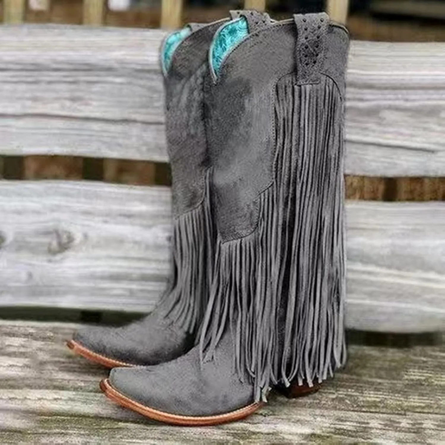 Hiking Boots Women Tassel Western Chunky Heel Cowgirl Boots Retro Pull On Suede Knee High Cowboy Boots