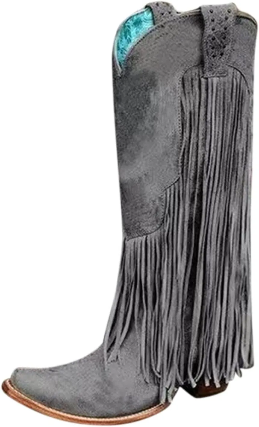 Hiking Boots Women Tassel Western Chunky Heel Cowgirl Boots Retro Pull On Suede Knee High Cowboy Boots