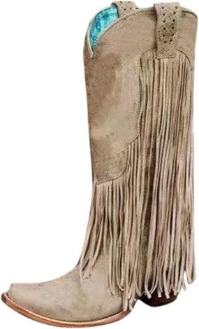 Hiking Boots Women Tassel Western Chunky Heel Cowgirl Boots Retro Pull On Suede Knee High Cowboy Boots