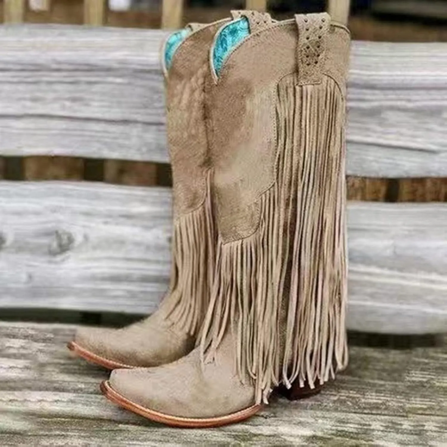 Hiking Boots Women Tassel Western Chunky Heel Cowgirl Boots Retro Pull On Suede Knee High Cowboy Boots