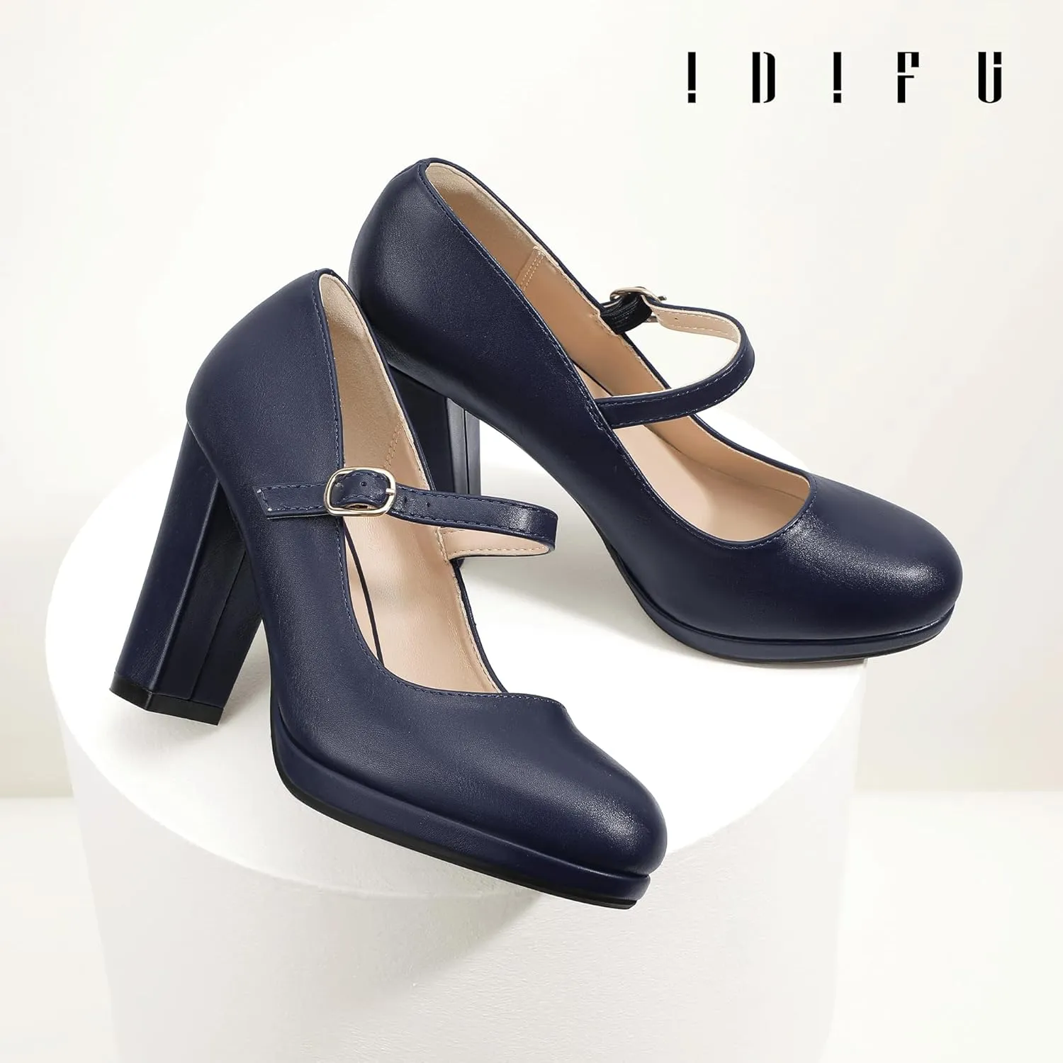 IDIFU IN4 Mary Jane Shoes Closed Toe Heels Platform High Chunky Block Heels Women's Pumps Comfortable Dress Shoes for Women Wedding Bridal Work Fashion Round Toe Pumps Shoes