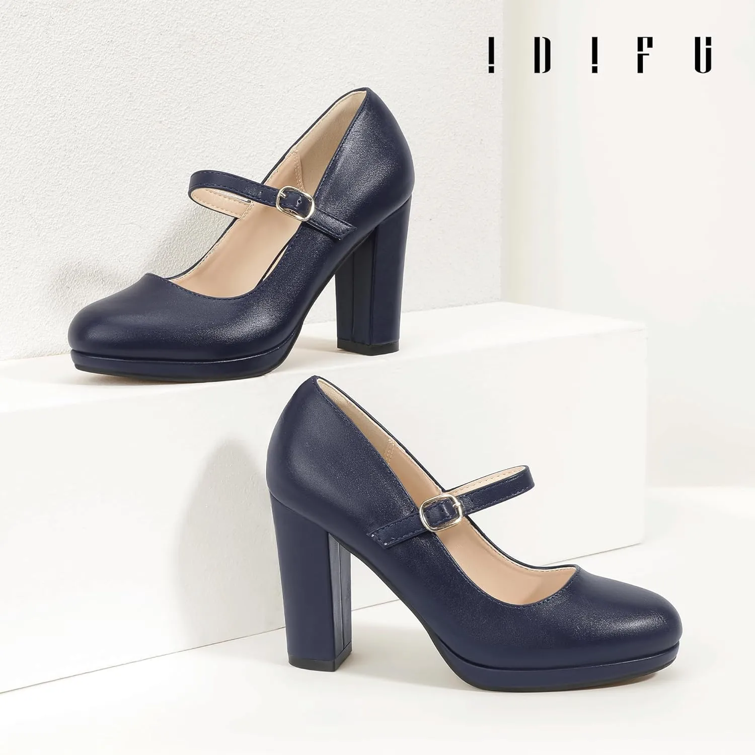 IDIFU IN4 Mary Jane Shoes Closed Toe Heels Platform High Chunky Block Heels Women's Pumps Comfortable Dress Shoes for Women Wedding Bridal Work Fashion Round Toe Pumps Shoes