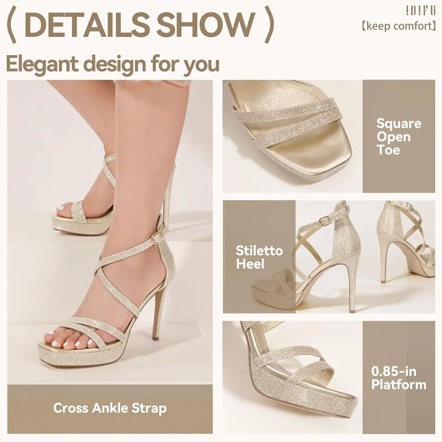 IDIFU IN4 Platform High Heels for Women Strappy Heeled Sandals Square Toe Heels Stiletto Heels Women's Wedding Party Bridal Sexy Dress Shoes Open Toe Heels