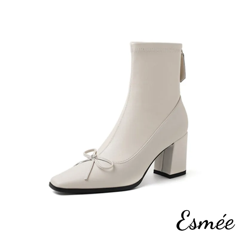 Leather High Heel Ankle Boots with Bow Knot Design
