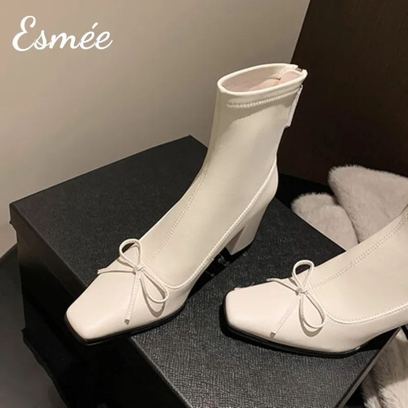 Leather High Heel Ankle Boots with Bow Knot Design