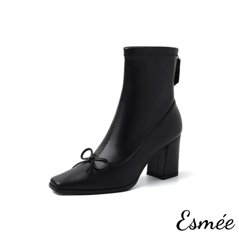 Leather High Heel Ankle Boots with Bow Knot Design