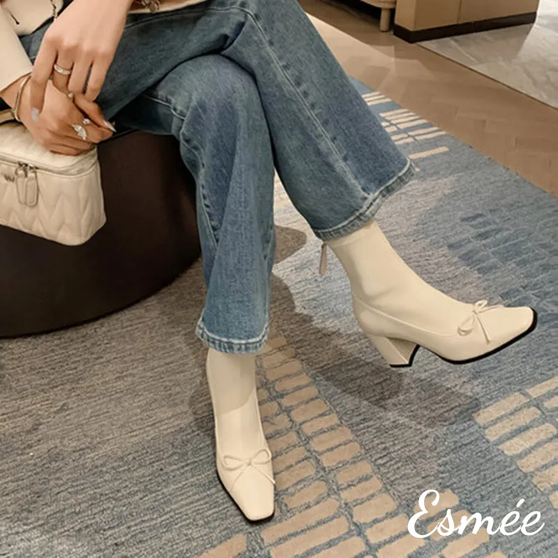 Leather High Heel Ankle Boots with Bow Knot Design